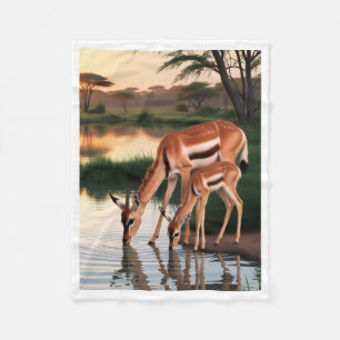 Gazelle Mother and Calf Drinking at Waterhole Blan Fleece Blanket