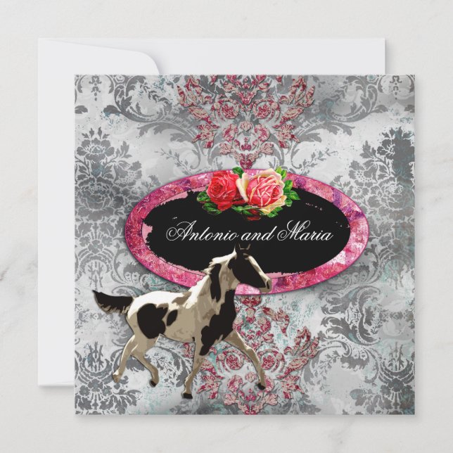 GC | Eclectically Vintage Damask Horse Grey Invitation (Front)