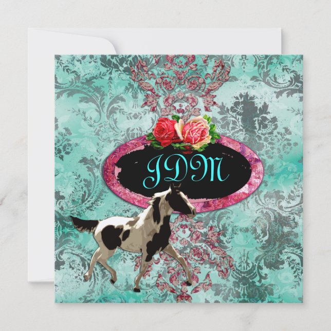 GC | Eclectically Vintage Damask Horse Turquoise Invitation (Front)