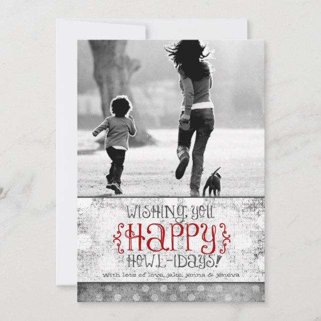 GC | Happy Howlidays Grey Red Linen Holiday Card (Front)