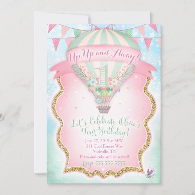 GC Hot Air Balloon First Birthday Olivia Invitation (Front)