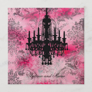 GC Jolie Black Chandelier Pink Grey Damask Invitation