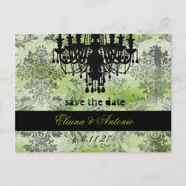 GC | Jolie Chandelier Lime Black Damask Announcement Postcard (Front)
