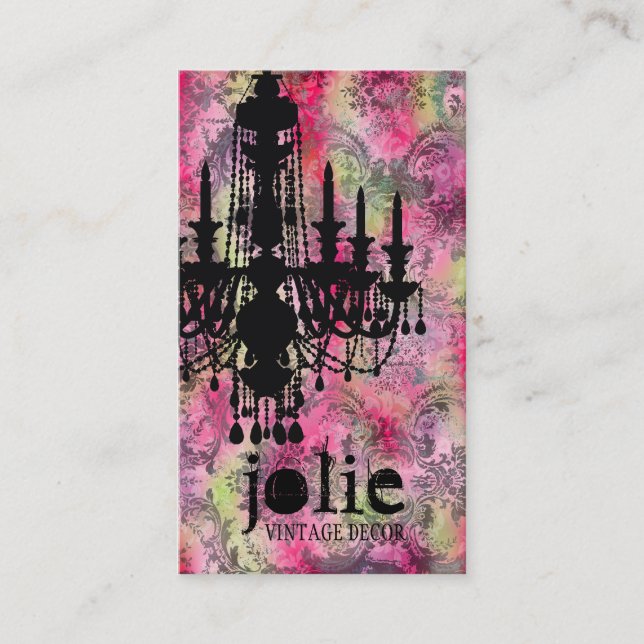 GC | Jolie Chandelier Pink Grey Damask Business Card (Front)