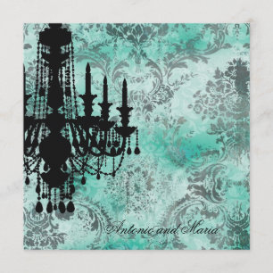 GC   Jolie Chandelier Turquoise Grey Damask Invitation