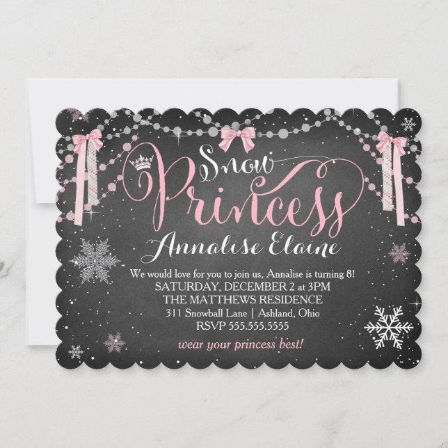 GC Pink Snow Princess with Ribbons Girl Birthday Invitation (Front)