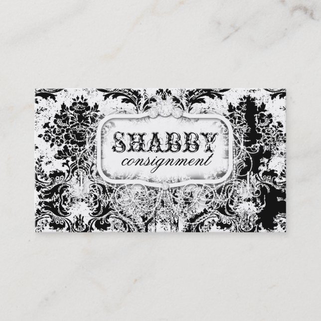 GC Shabby Vintage Black & White Damask Business Card (Front)