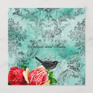 GC | Vintage Bird & Rose | Turquoise Damask Invitation