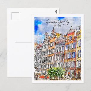 Gdanks Old City Poland Travel Place Watercolor Postcard
