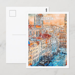 Gdansk Poland Famous Travel Watercolor Sketch Postcard