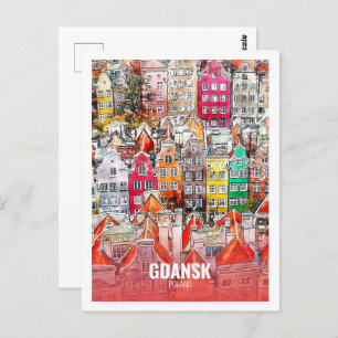Gdansk Poland Famous Travel Watercolor Sketch Postcard