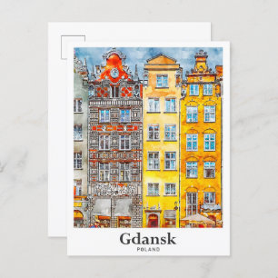 Gdansk Poland Travel Watercolor Hand Drawn Postcard