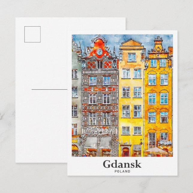 Gdansk Poland Travel Watercolor Hand Drawn Postcard (Front/Back)