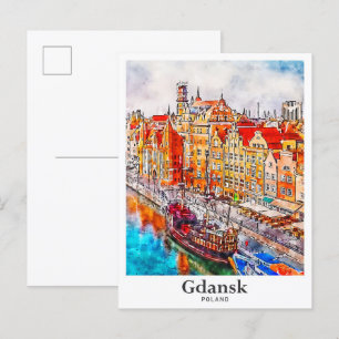 Gdansk Poland Travel Watercolor Hand Drawn Postcard