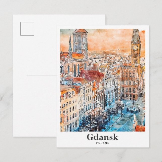 Gdansk Poland Travel Watercolor Hand Drawn Postcard (Front/Back)