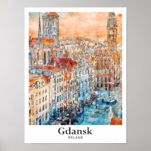 Gdansk Poland Travel Watercolor Hand Drawn Poster