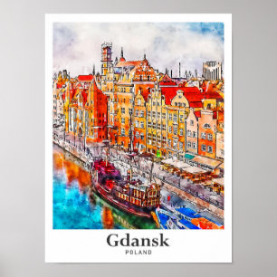 Gdansk Poland Travel Watercolor Hand Drawn Poster