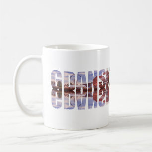 Gdansk text with old town view with reflection coffee mug