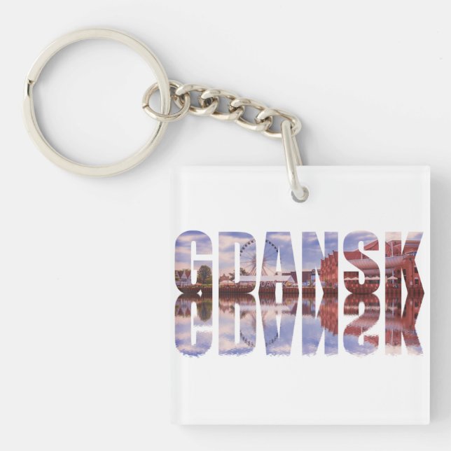 Gdansk text with old town view with reflection key ring (Front)