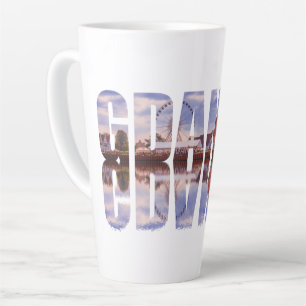 Gdansk text with old town view with reflection latte mug