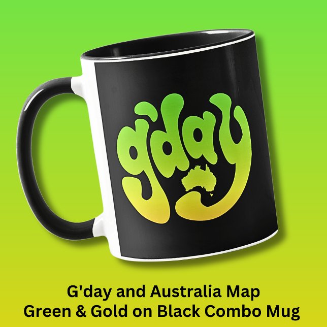 G'DAY with Australia Map Green Gold on Black Mug (Creator Uploaded)