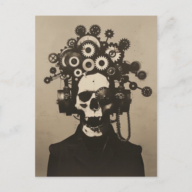 Gear Head Steampunk Skull with Gothic Flair Sepia Postcard (Front)