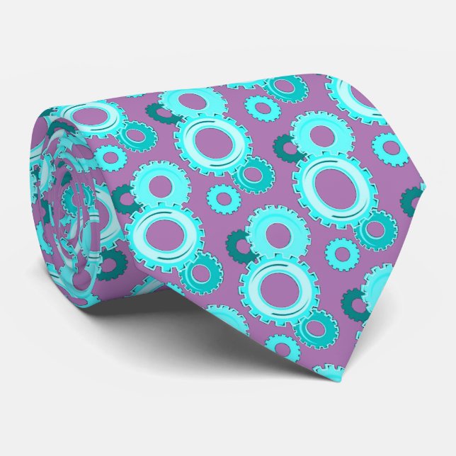 Gear Heads Teal on Lavender Men's Fashion Tie (Rolled)