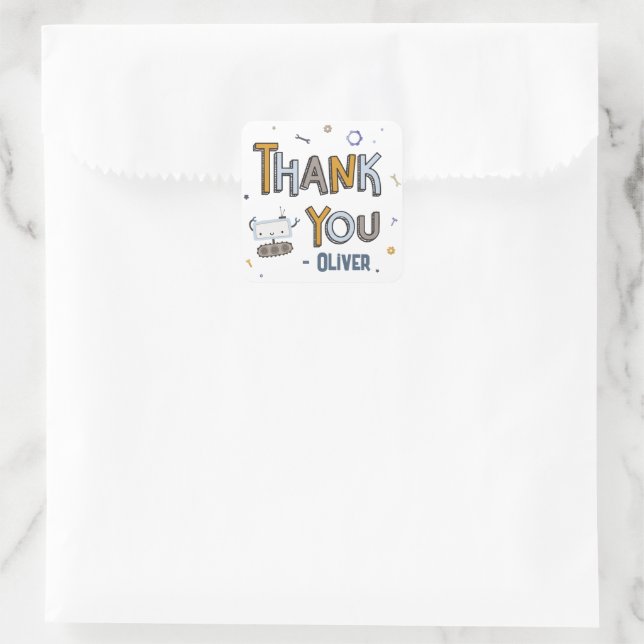 Gear Up for Fun Robot Kids Birthday Thank You Square Sticker (Bag)