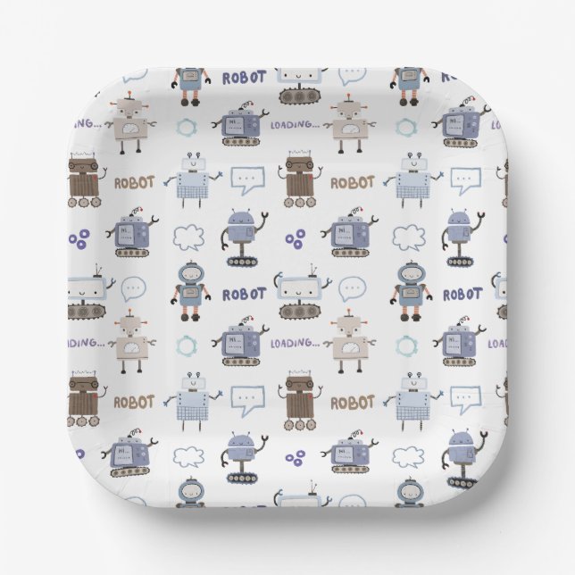 Gear Up for Fun Robot Kids Happy Birthday Paper Plate (Front)