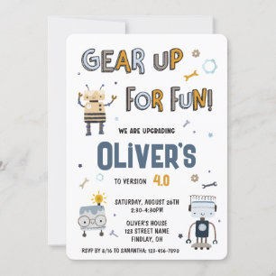 Gear Up For Fun Robots Characters Birthday Party Invitation