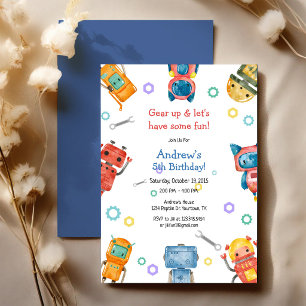 Gear Up & Let's Have Some Fun Kids Robot Birthday Invitation