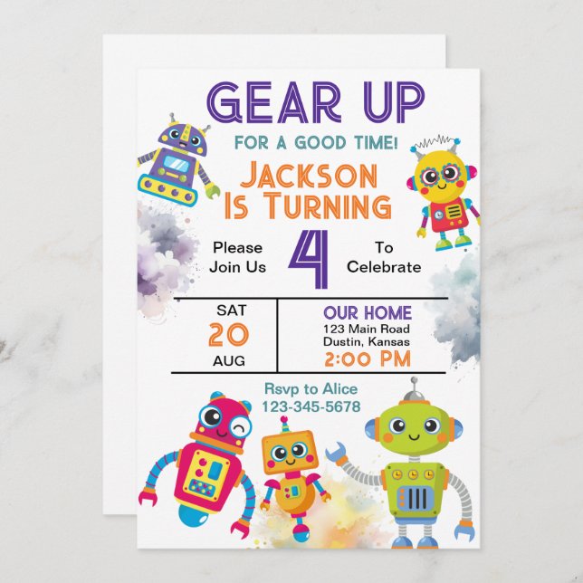 Gear Up Robot Birthday Party Invitation (Front/Back)