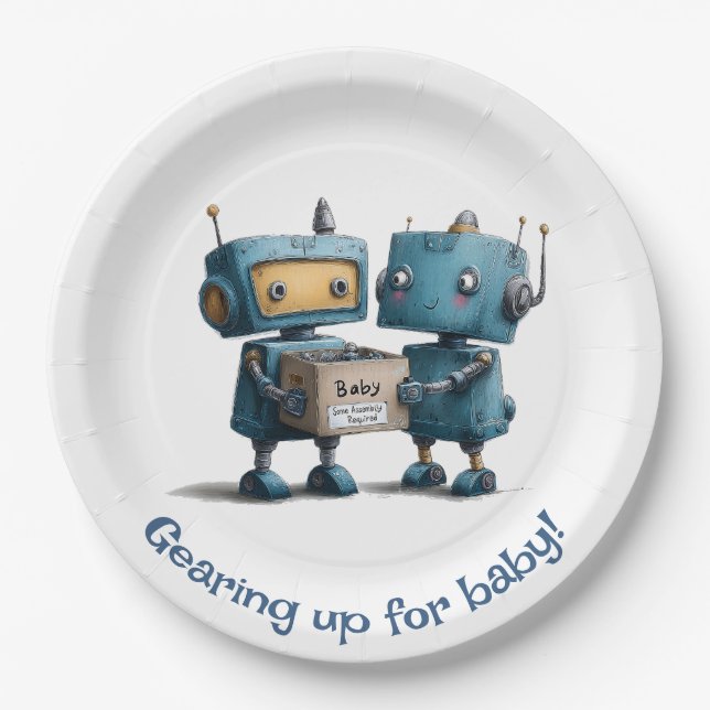 Gearing Up for Baby – Robot Baby Shower Paper Plate (Front)