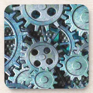 Gears Grey and Blue Metal Drink Coaster