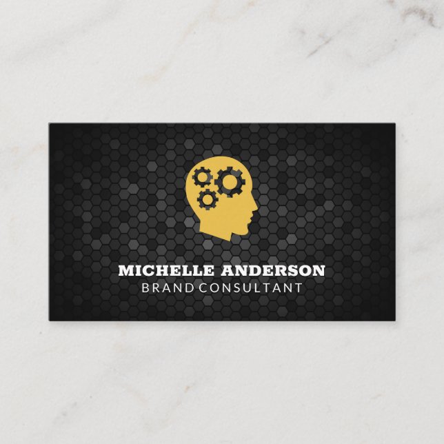Gears in Head | Geometric Black Background Business Card (Front)