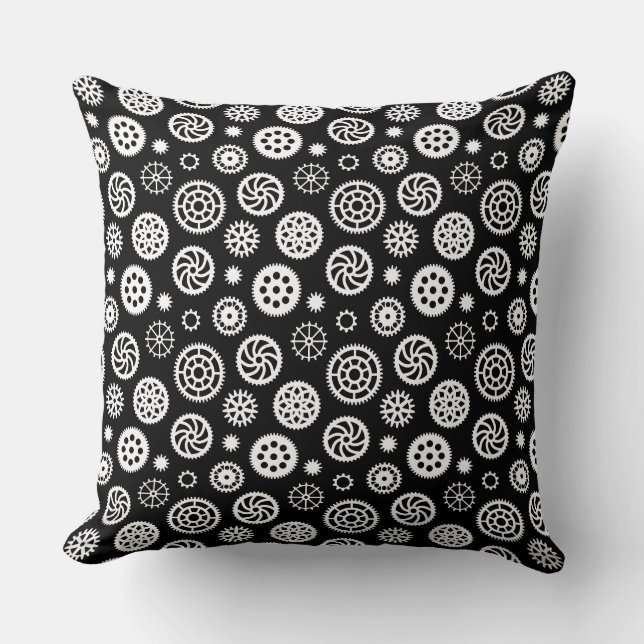 Gears Pattern 070819 - White on Black Cushion (Front)