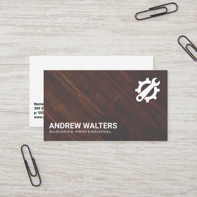 Gears Wrench Logo | Wooden Boards Business Card (Front/Back In Situ)