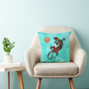 Gecko Lizard And Sun Throw Pillow