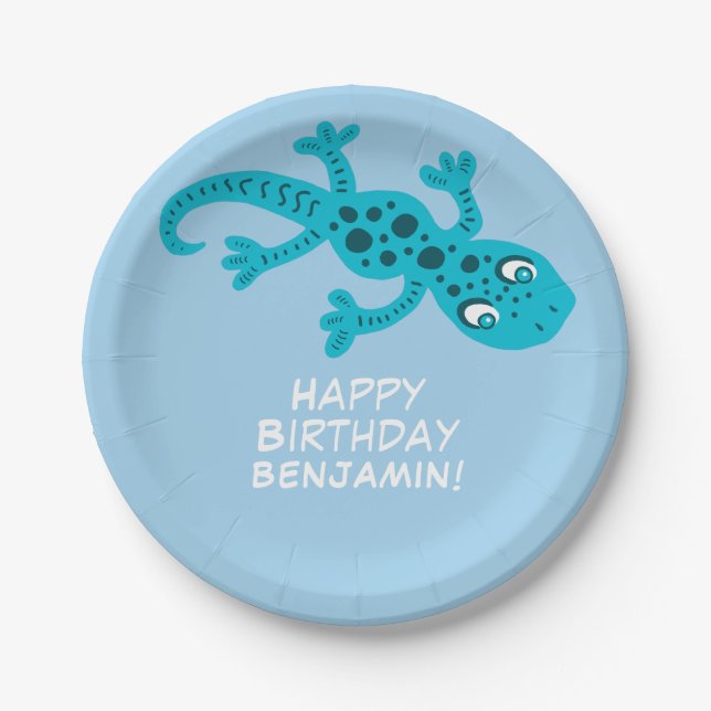 Gecko Lizard Blue Custom Name Kids Birthday Paper Plate (Front)