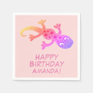 Gecko Lizard Rainbow Custom Name Kids Birthday Napkin