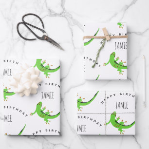 Gecko Lizard Reptile Birthday Custom Name Wrapping Paper Sheet