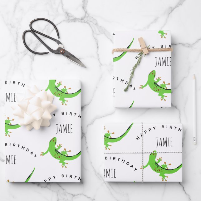 Gecko Lizard Reptile Birthday Custom Name Wrapping Paper Sheet (Front)