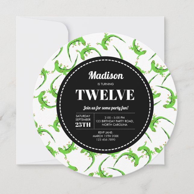 Gecko Lizard Reptile Circle Birthday Invitation  (Front)