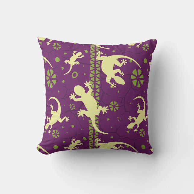Gecko Lizards Print Purple Green Ethnic Pattern Cushion (Front)