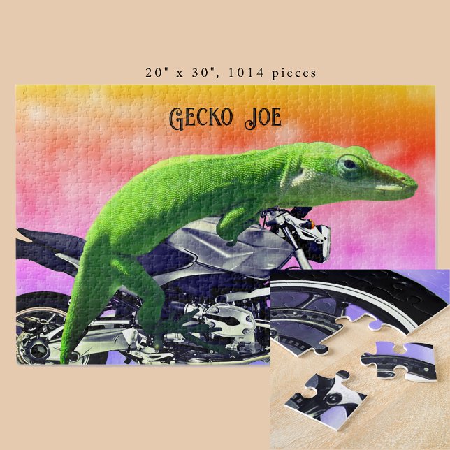 Gecko Motorcycle Rider Pink Horizon Add Name 20x30 Jigsaw Puzzle (Gecko Motorcycle Rider Pink Horizon Add Name 20x30 Jigsaw Puzzle)
