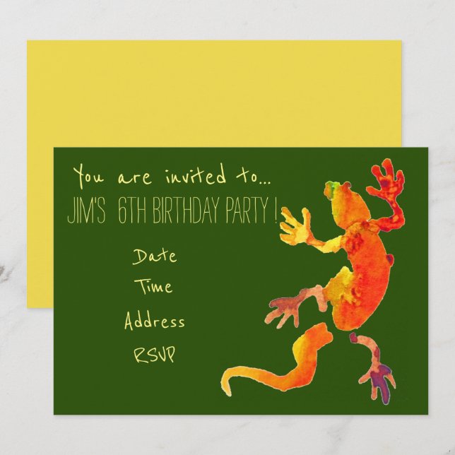 Gecko nature reptile young kid's birthday party invitation (Front/Back)