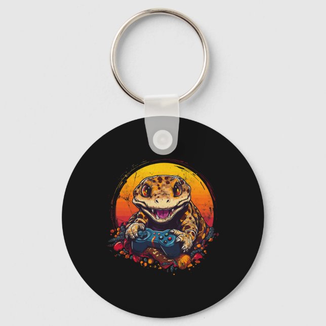 Gecko Playing Video Game Lizard &amp; Reptiles Gam Key Ring (Front)
