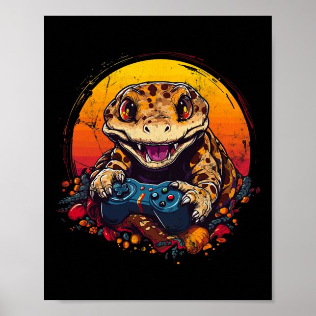 Gecko Playing Video Game Lizard &amp; Reptiles Gam Poster (Front)