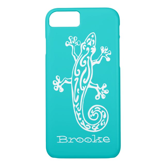 Gecko reptile white & aqua name iPhone 7 case (Back)
