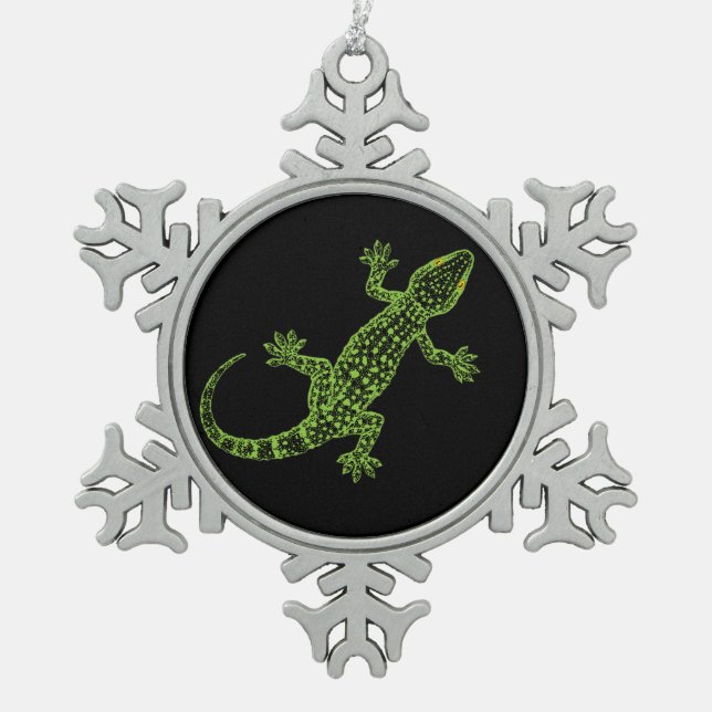 Gecko Snowflake Pewter Christmas Ornament (Front)